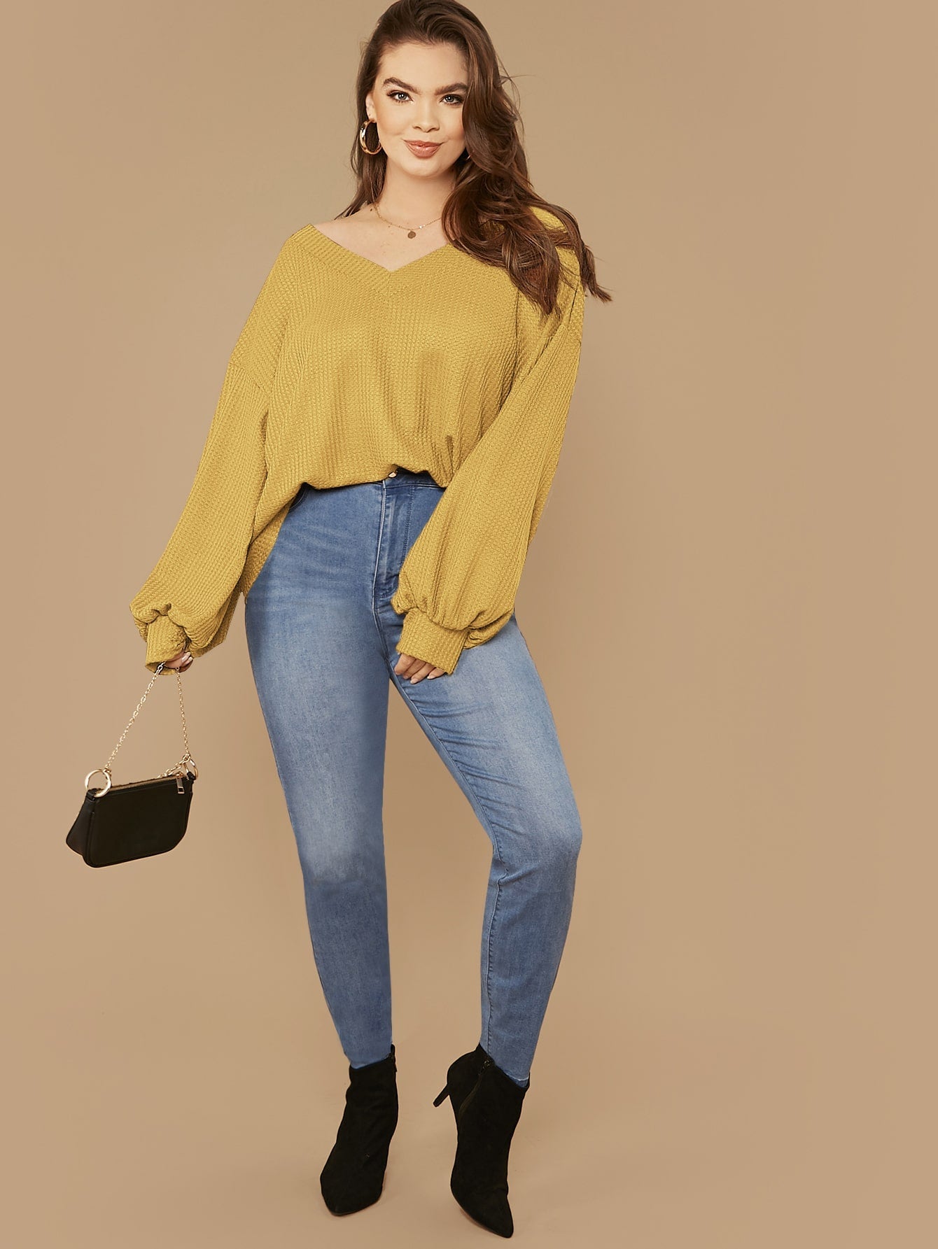 Drop Shoulder Lantern Sleeve Waffle Knit Top
