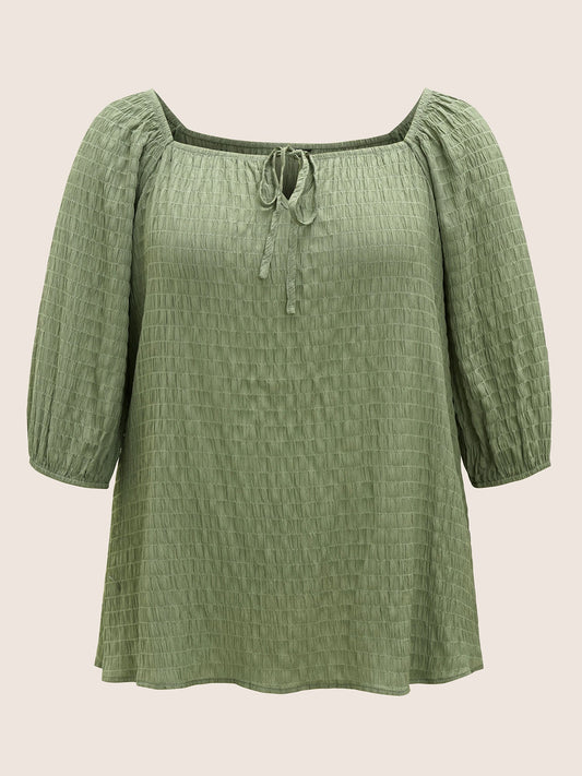 Plain Textured Gathered Ties Knot Neck Blouse