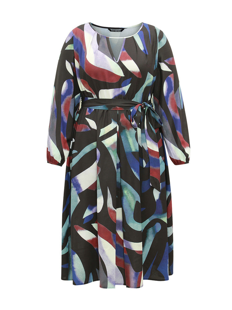 Metal Strip Notched Belted Colorblock Contrast Dress