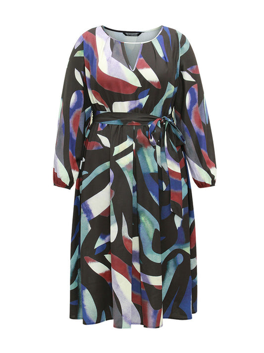 Metal Strip Notched Belted Colorblock Contrast Dress