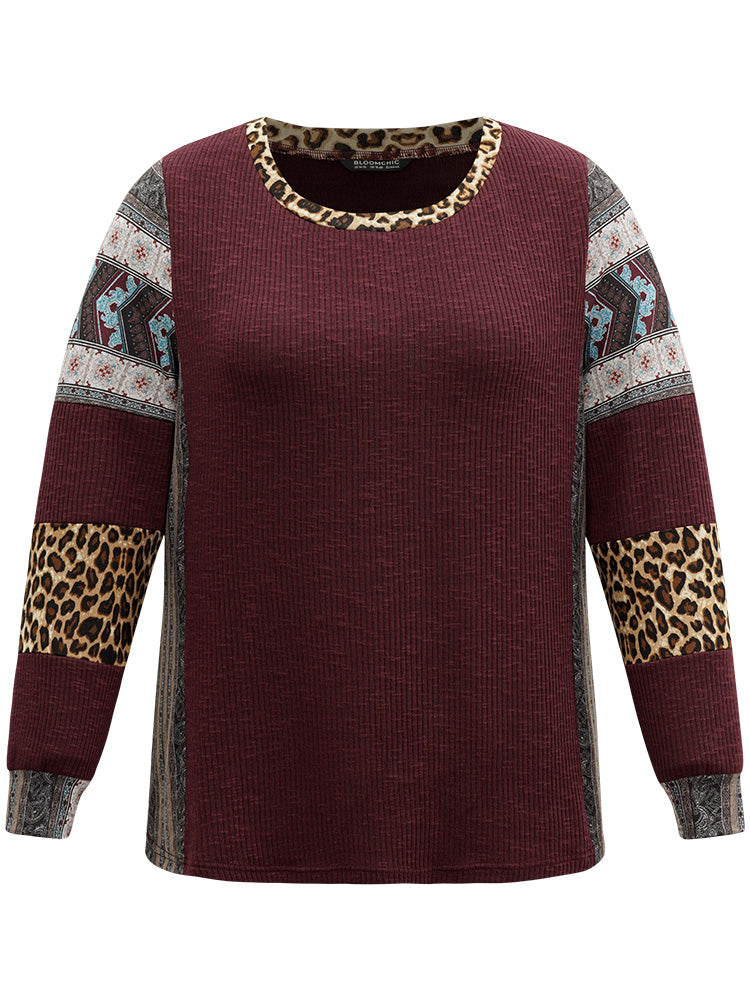 Leopard Boho Print Round Neck Contrast Sweatshirt