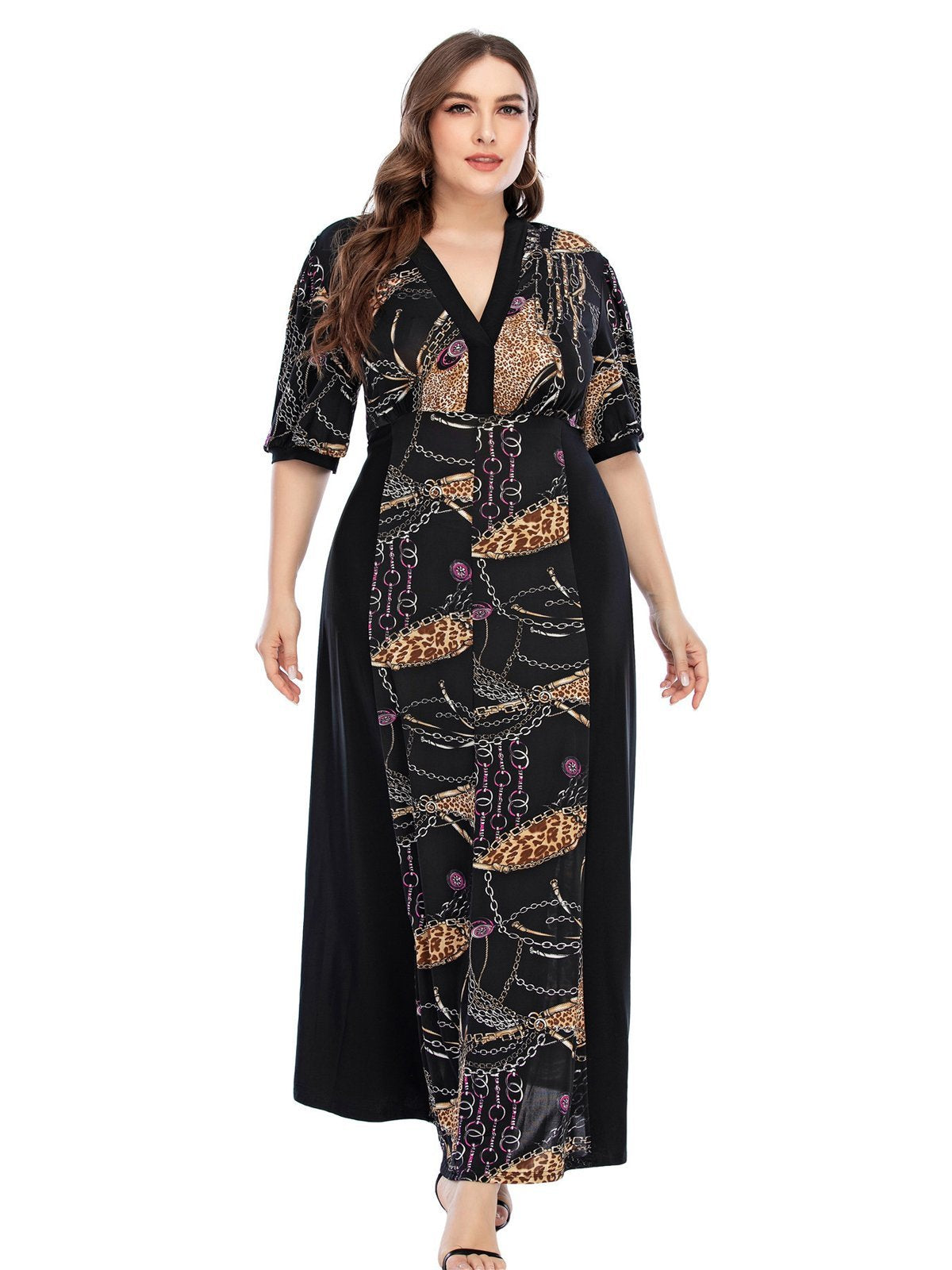 Printed Pacthwork Half-sleeve Maxi Dress