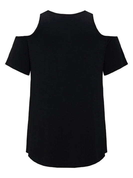 Plain Asymmetrical Hem Keyhole Crossover Front Cold Shoulder T-shirt
