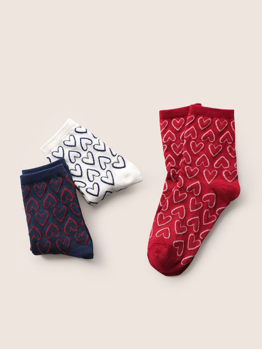 3 Pairs Heart Print Mid Calf Socks