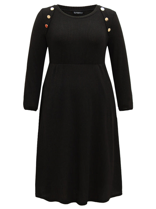 Solid Rib Knit Button Detail Elastic Waist Dress