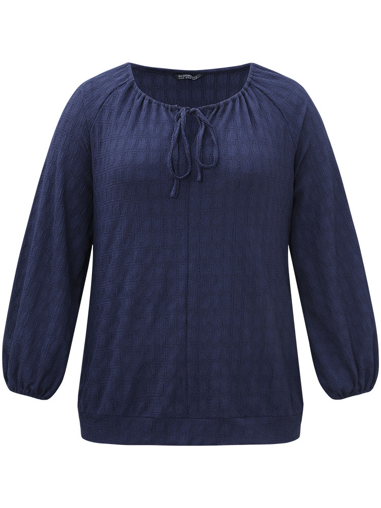 Plain Textured Tie Neck Lantern Sleeve T-shirt