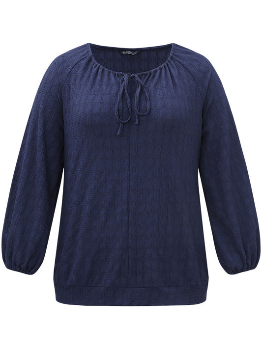 Plain Textured Tie Neck Lantern Sleeve T-shirt