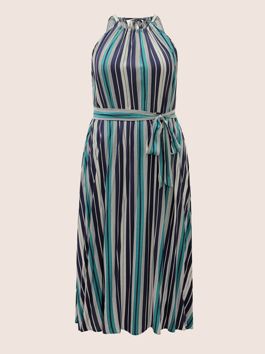 Striped Belted Halter Pocket Dress