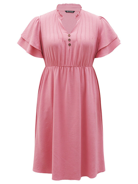 Solid Pocket Stand Collar Flutter Layered Pleated Dress