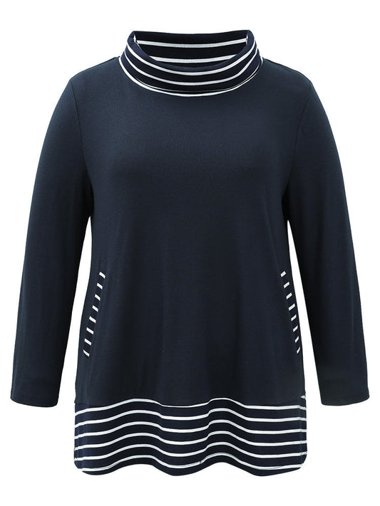 Striped Patchwork Pocket Turtleneck T-shirt