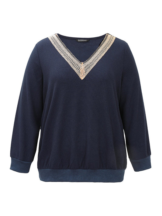 Patchwork Lace Panel V Neck Waffle Knit Sweatshirt