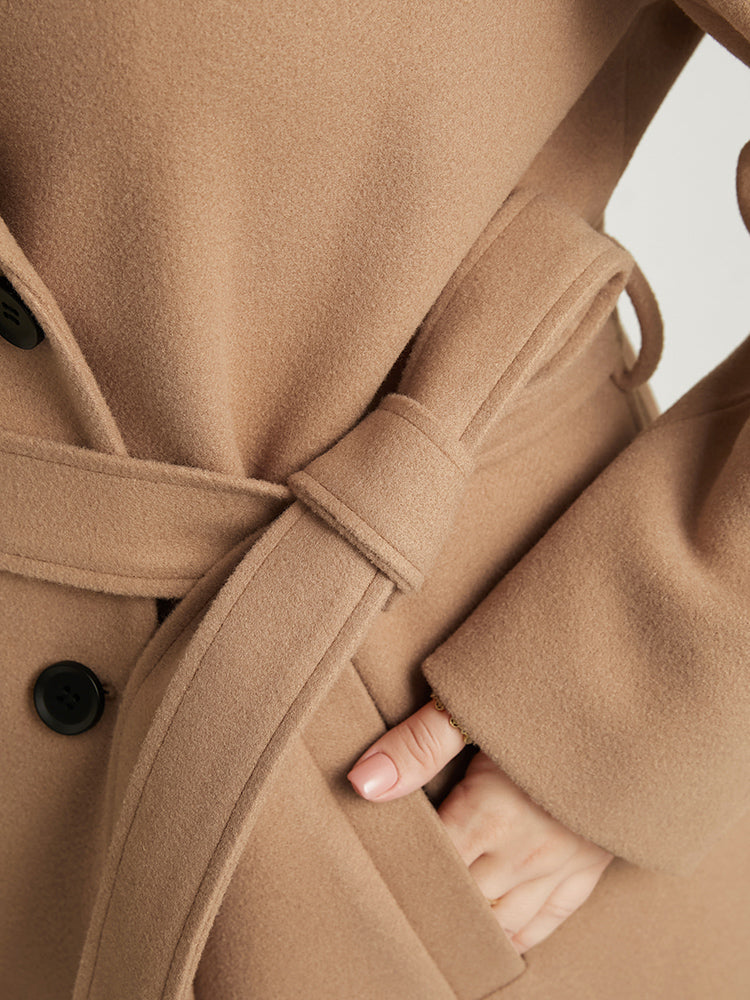 Solid Lapel Collar Pocket Double Breasted Belted Coat