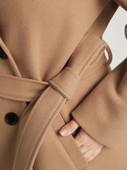 Solid Lapel Collar Pocket Double Breasted Belted Coat