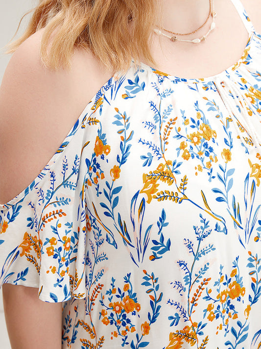 Bandana Print Cold Shoulder Tassels Pocket Ruffle Knee Dress