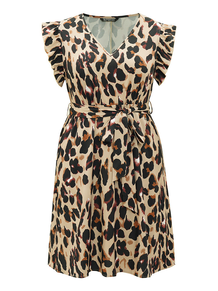 Leopard Print Belted V Neck Ruffle Cap Sleeve Dress
