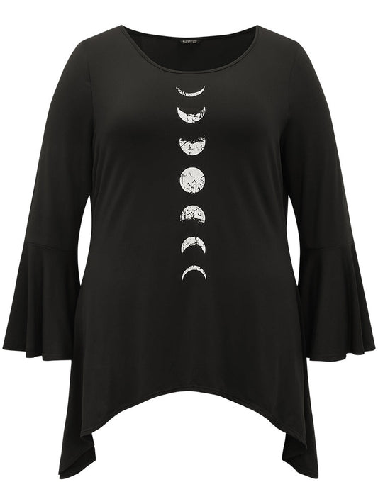 Halloween Moon Print Bell Sleeve Hanky Hem T-shirt