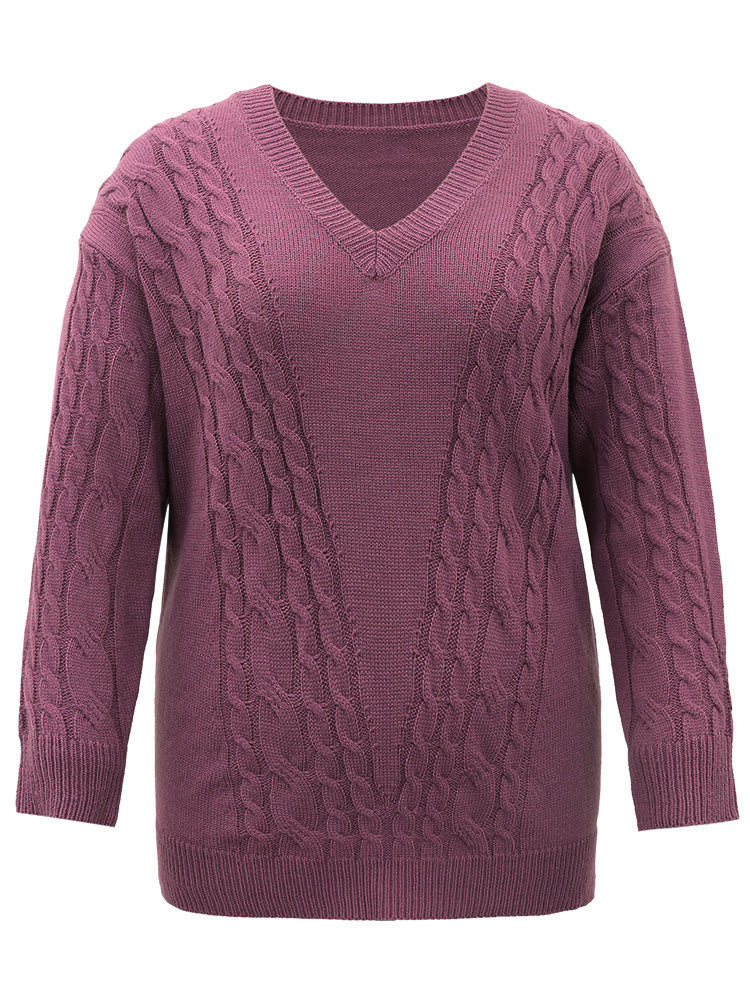 Solid Cable Knit V Neck Split Side Pullover