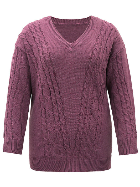 Solid Cable Knit V Neck Split Side Pullover