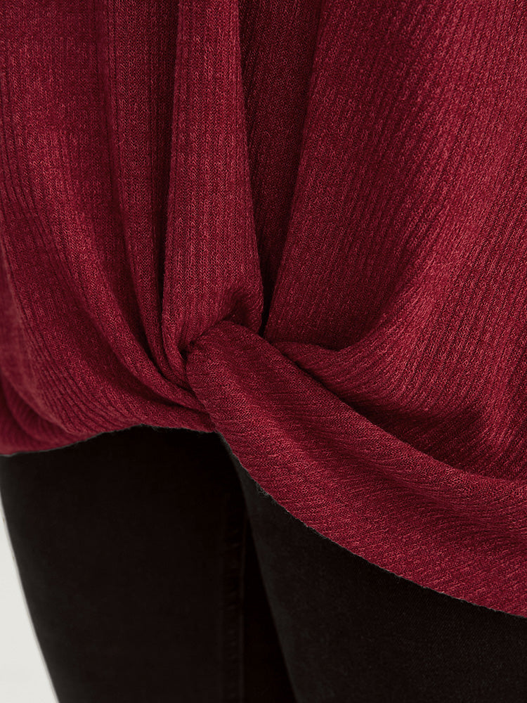 Solid Twist Front  V Neck Rib Knit Long Tee