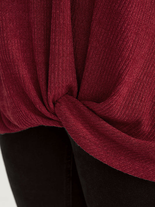 Solid Twist Front  V Neck Rib Knit Long Tee