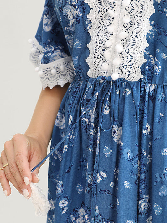 Floral Pompom Detail Contrast Lace Pocket Ruffles Dress