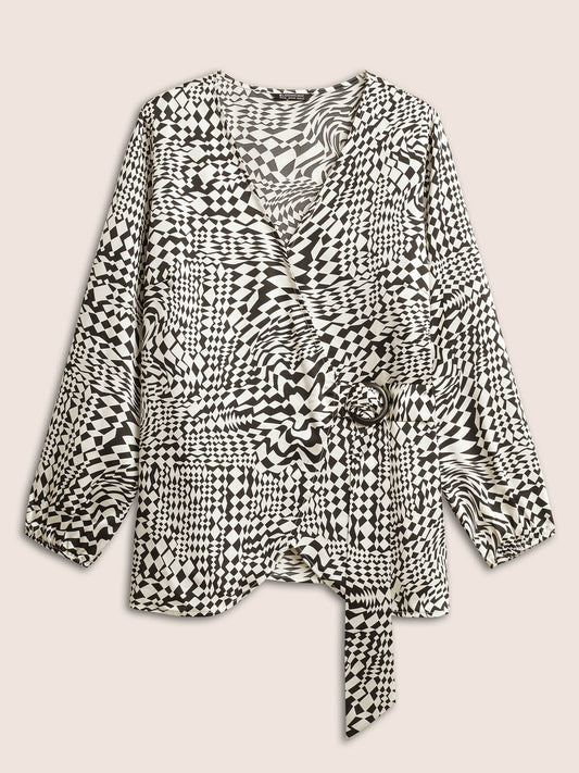 Asymmetrical Geometric Wrap Button Detail Blouse