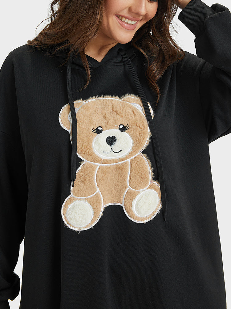 Bear Print Drawstring Hooded Sweatshirt Dress