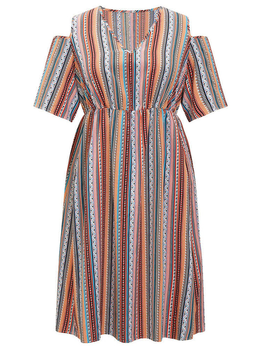 Rainbow Striped Pocket Cold Shoulder Dress