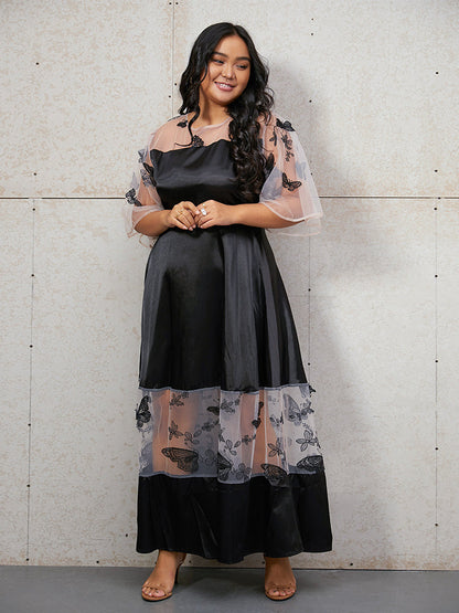 Butterfly Embroidery Contrast Mesh Dress