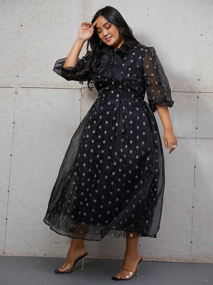Daisy Embroidered Mesh Tie Neck Dress