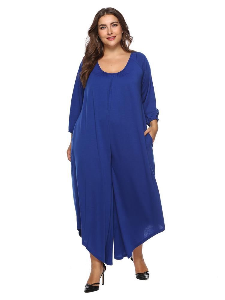 Solid Color Round Neck Loose Jumpsuit