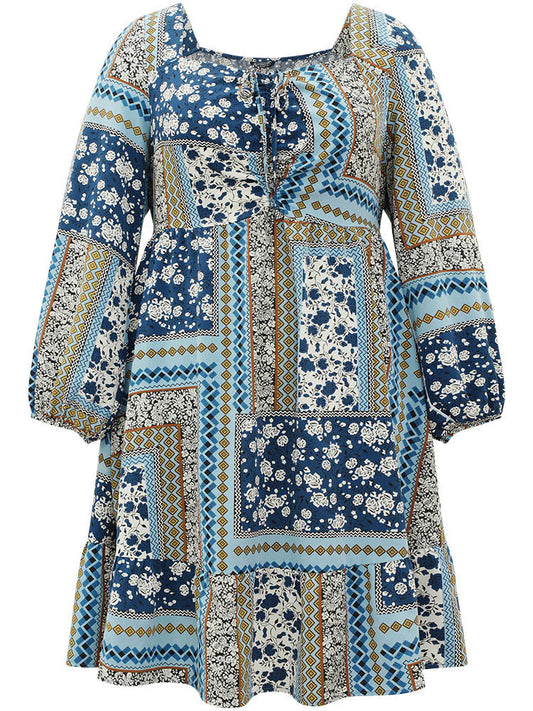 Bandana Print Patchwork Ties Pocket Lantern Sleeve Dress