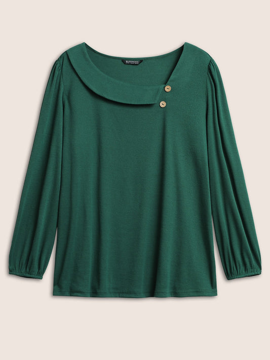 Elastic Cuffs Asymmetrical Neck Button Detail T-shirt