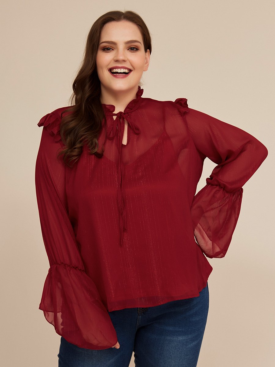 Flared Sleeve Tied Chiffon Blouse
