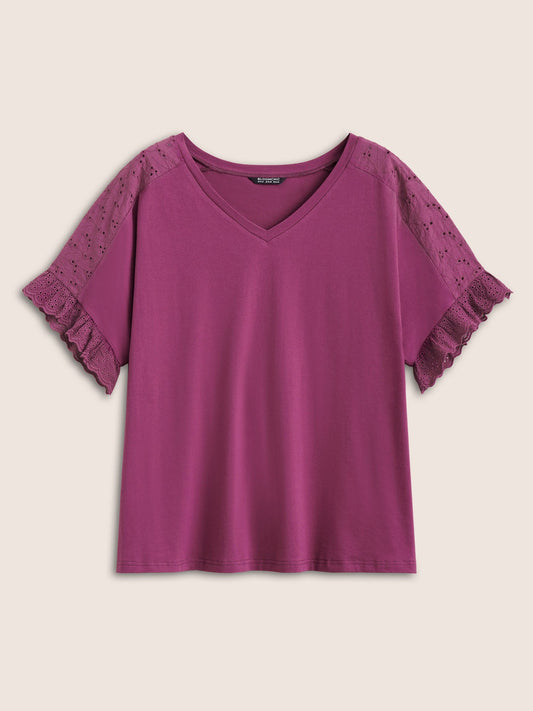 Solid Broderie anglaise Patchwork Dolman Sleeve T-shirt