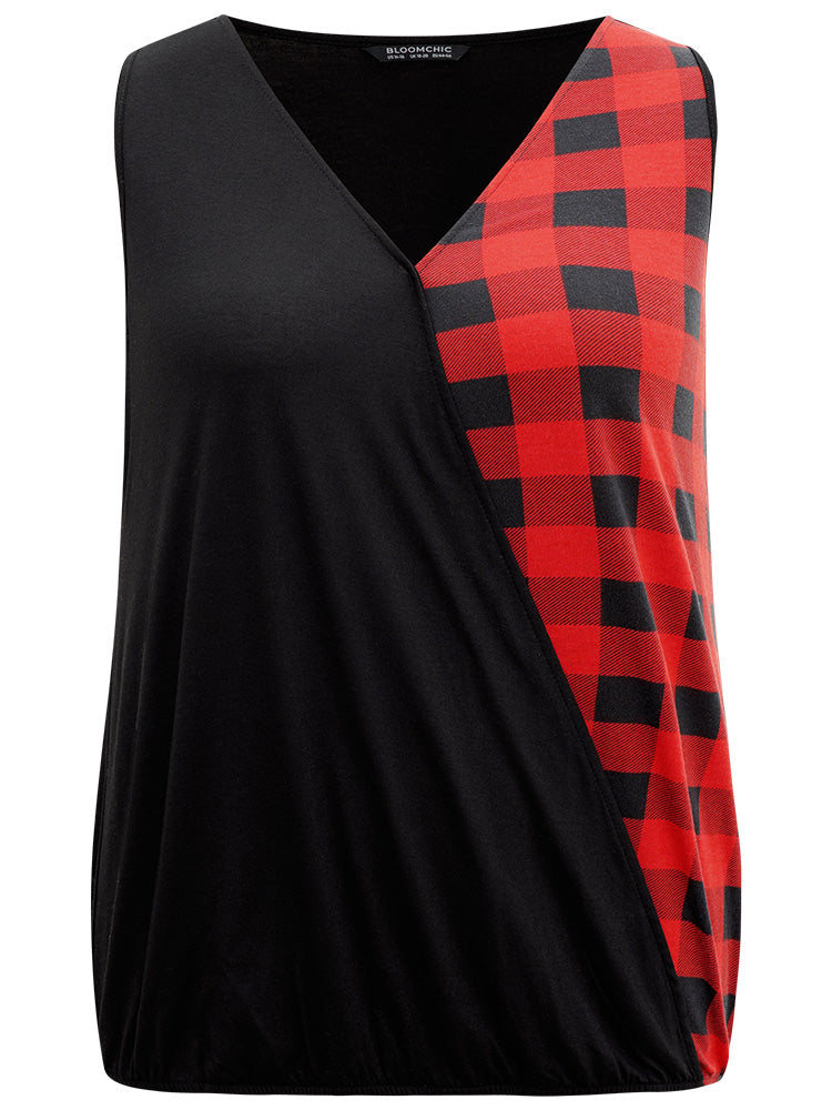 V Neck Plaid Patchwork Contrast Tank Top