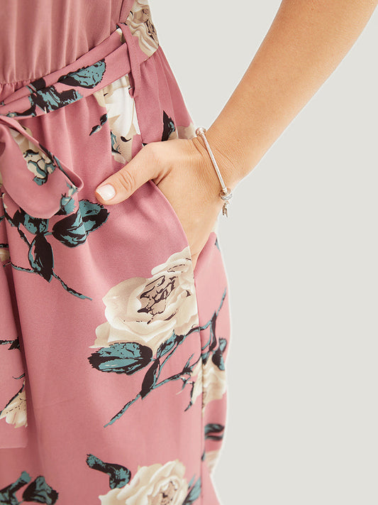 Floral Patchwork Belt Pocket Button Detail Cami Jumpsuit