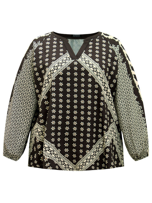 Boho Print Lantern Sleeve Notched Blouse