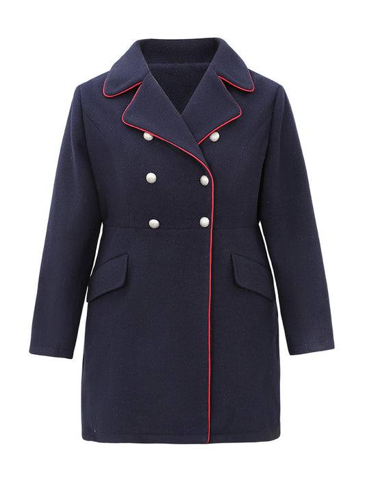 Contrast Trim Buckle Detail Flap Pocket Lapel Collar Coat