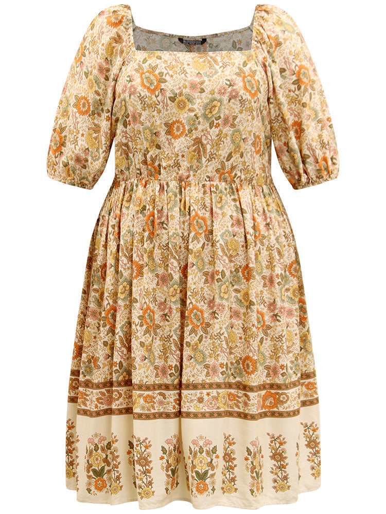 Floral Print Pocket Square Neck Elastic Cuffs Dress