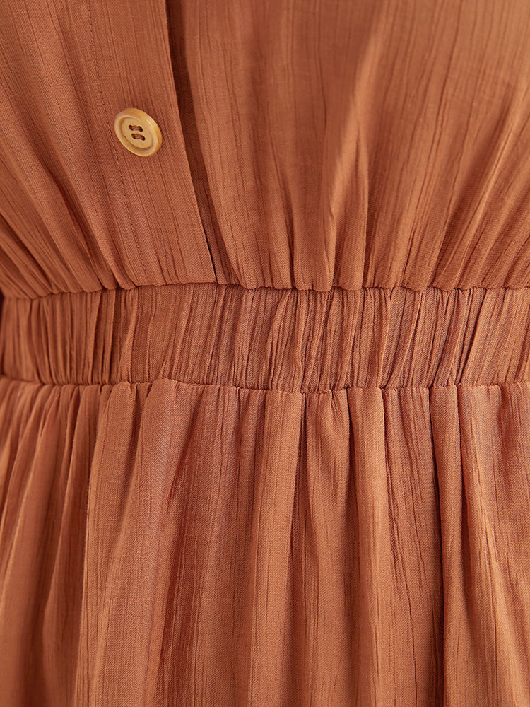 Plain Lantern Sleeve Button Through Pocket Ruffle Tiered Dress