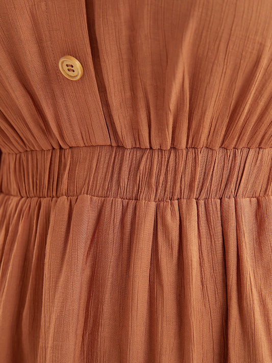 Plain Lantern Sleeve Button Through Pocket Ruffle Tiered Dress