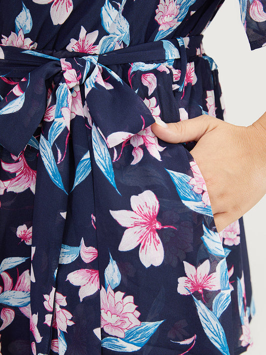 Floral Wrap Belted Pocket Ruffle Tiered Romper