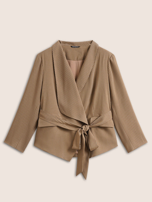 Striped Asymmetrical Hem Belted Flap Pocket Blazer