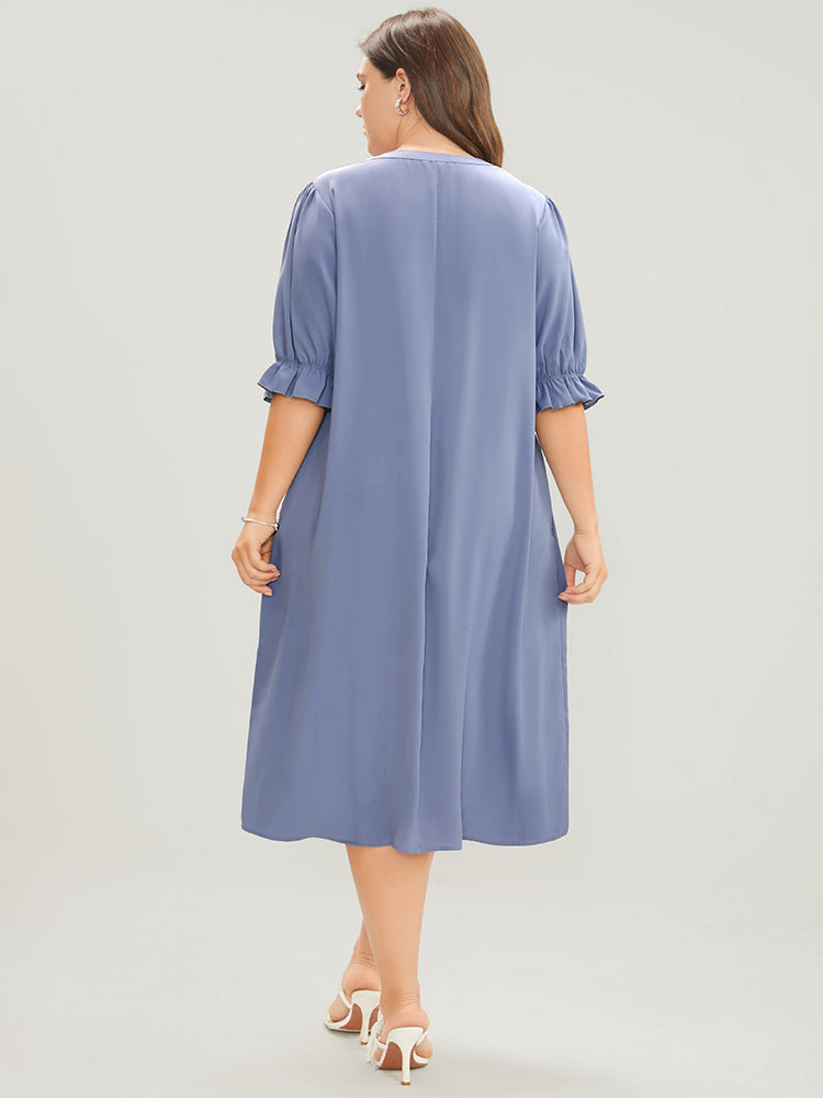 Plain Lantern Sleeve Ruffles Trim Pocket Button Detail Dress