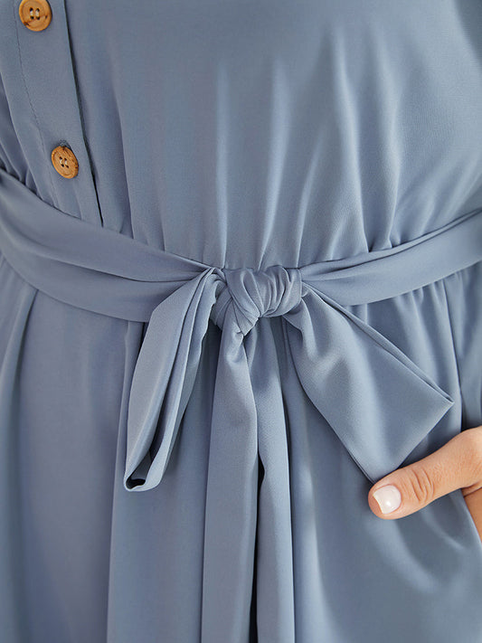 Solid Dolman Sleeve Pocket Shirt Collar Belted Ruffle Hem Dress