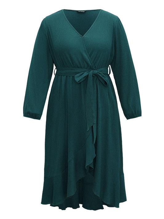 Plain Texture Belted Wrap Arc Hem Lantern Sleeve Dress