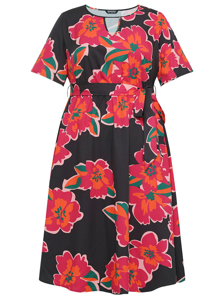 Floral Pocket Belted Keyhole Neck Midi Dress