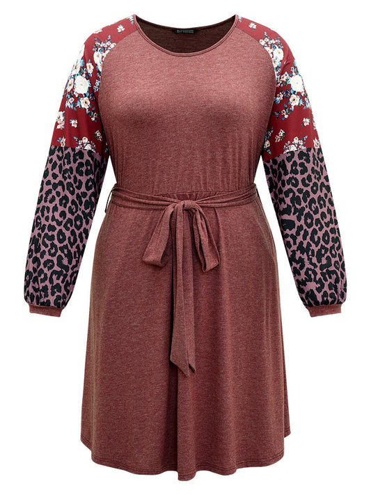 Floral Leopard Patchwork Belted Lantern Sleeve Dress