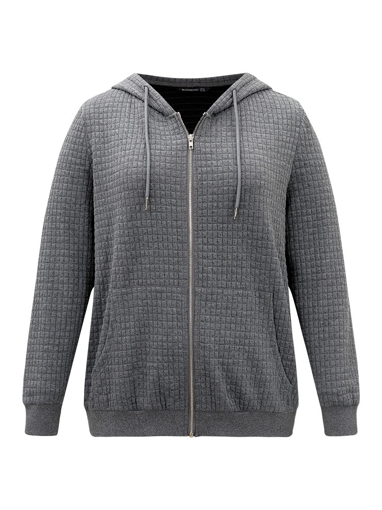 Plain Zipper Drawstring Jacquard Jacket